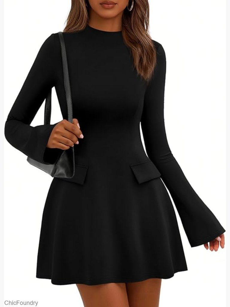 Women's Elegant Mock Neck Bell Sleeve Mini Dress Bodycon Long Sleeve Office